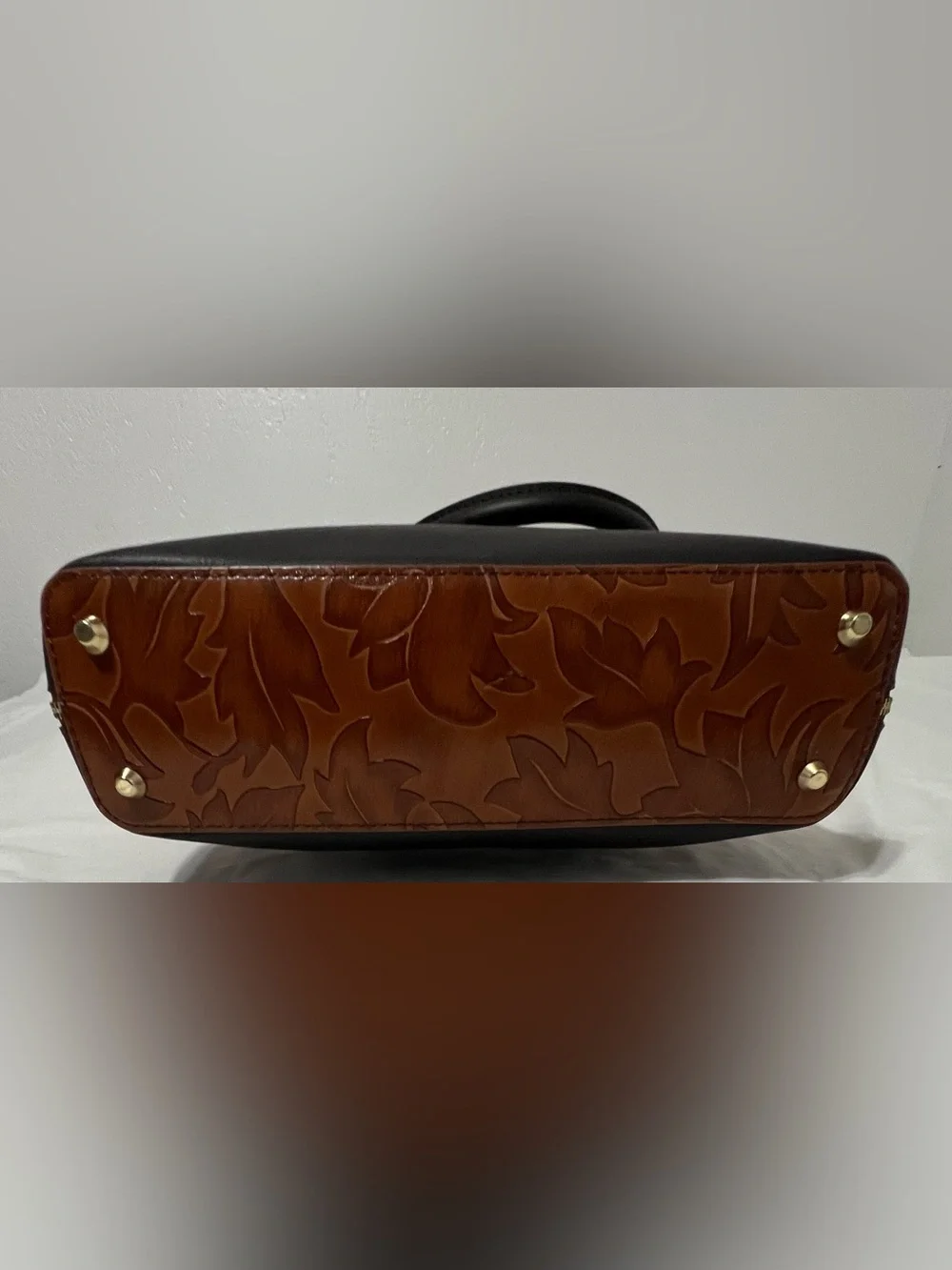 Valentina Italian Leather Cognac Embossed Floral Top Handle Satchel Bag